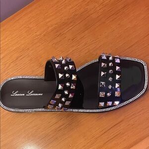 Lauren Lorraine Black Studded Slide Sandals with Rhinestone Trim